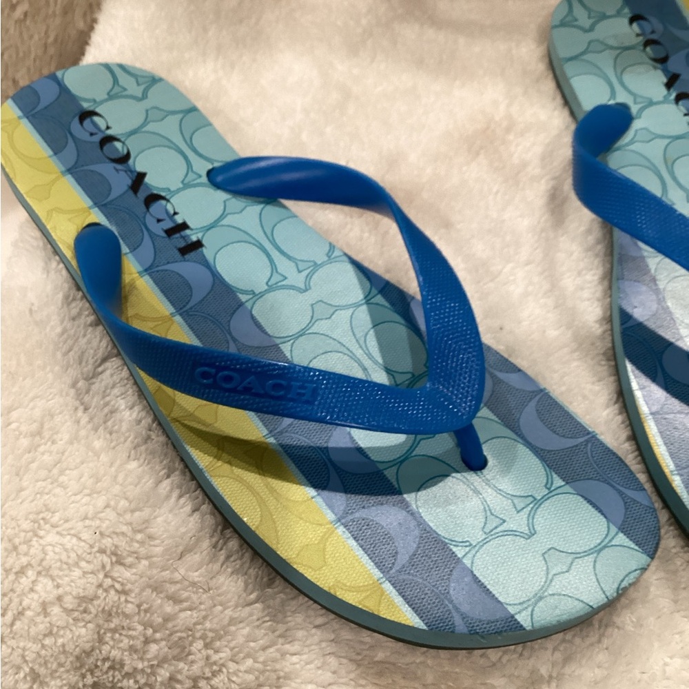 Coach Blue and Yellow Signature Stripe Flip Flops